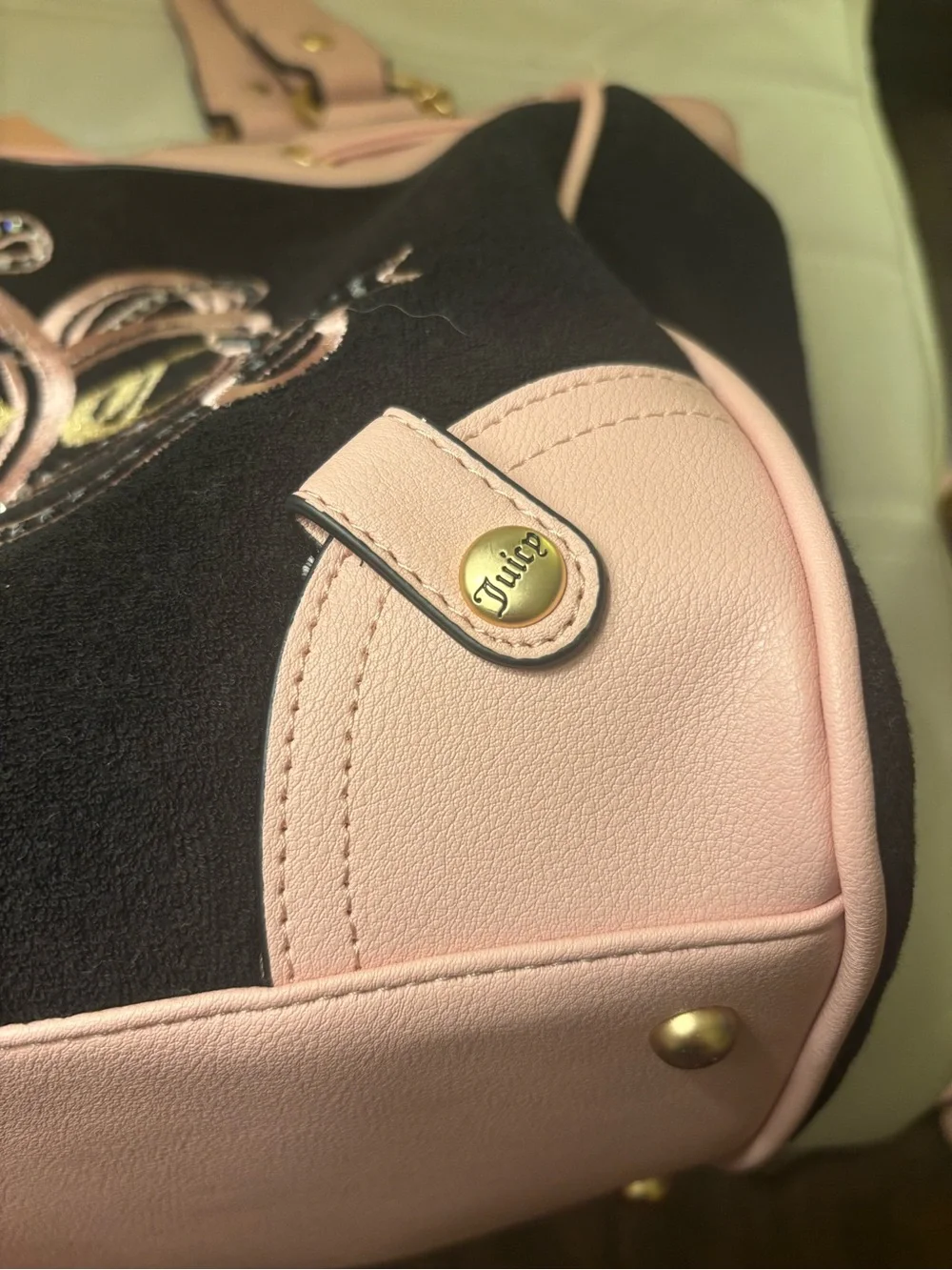 NWT Juicy Couture Pink and Black Terry Tote Crest Embroidery bag charm bag tag